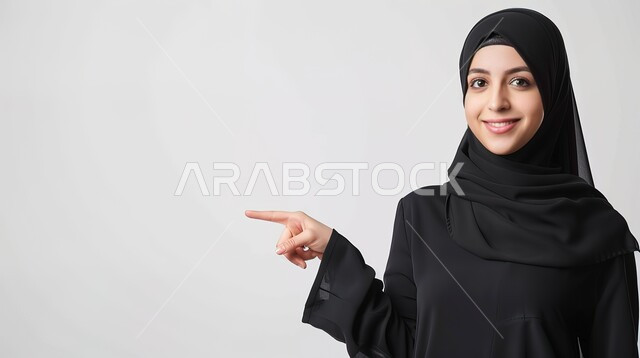 إشارات وحركات يدين تدل على هذا المكان (هنا)، تحديد موقع معين بإيماءات البشاشة، بورتريه مقرب لامرأة عربيه خليجيه سعوديه مبتسمه محجبه ترفع اصابعها السبابة وتشير الى شيء ما، خلفية بيضاء