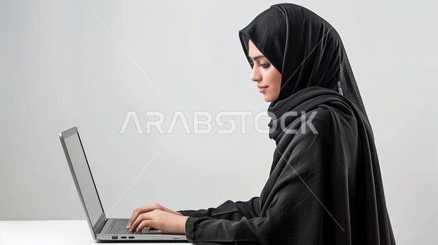 متابعة اهداف ومهام العمل، مهن ووظائف نسائية، استخدام التقنيات والاجهزة الحديثة، بورتريه مقرب لامرأة عربية خليجية سعودية تقوم بإستخدام جهاز الحاسوب المحمول، خلفية بيضاء