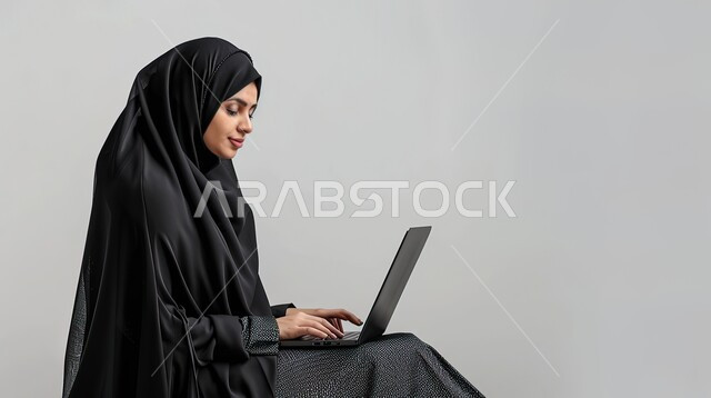 استخدام التقنيات والاجهزة الحديثة، بورتريه مقرب لامرأة عربية خليجية سعودية تقوم بإستخدام جهاز الحاسوب المحمول، مهن ووظائف نسائية، متابعة اهداف ومهام العمل، خلفية بيضاء