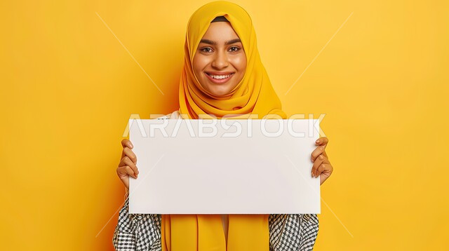 النظر الى الكاميرا بإيماءات السعادة, الترويج على لوح إعلاني فارغ, بورتريه لشابة عربية خليجية سعودية محجبة تحمل بيدها لوحة بيضاء كبيرة فارغة ، لوحة اعلانية، ورقة فنية فارغة ، خلفية صفراء
