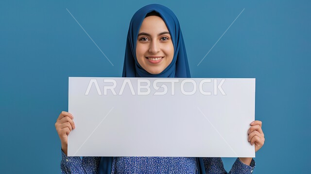 Advertisements and marketing offers, promotion on an empty billboard, looking at the camera with happy gestures, portrait of a veiled Saudi Gulf Arab young woman holding a large empty white board in her hand, billboard, blank art paper, blue background