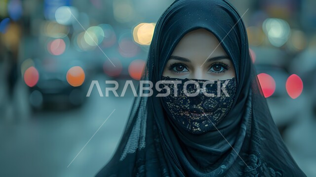The concept of femininity and interest in external appearance, elegance and softness, a close-up photo of a Saudi Gulf Arab woman wearing a hijab and burqa looking at the camera, highlighting Saudi beauty with hijab and modern clothes in black, background of traffic movement in the streets