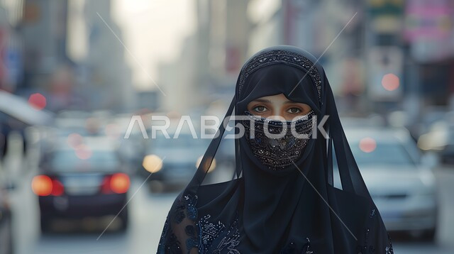 مفهوم الأنوثة و الاهتمام بالمظهر الخارجي و الاناقة والنعومة, صورة مقربة لإمرأة عربية خليجية سعودية ترتدي الحجاب والبرقع تنظر إلى الكاميرا,  ابراز الجمال السعودي بحجابات وملابس عصريه باللون الاسود، خلفية الحركة المرورية في الشوارع