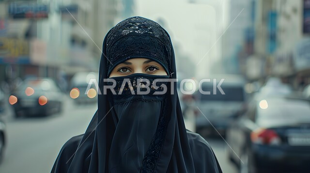  ابراز الجمال السعودي بحجابات وملابس عصريه باللون الاسود، مفهوم الاناقة و الاهتمام بالمظهر الخارجي والأنوثة والنعومة, صورة مقربة لإمرأة عربية خليجية سعودية ترتدي الحجاب والبرقع تنظر إلى الكاميرا, خلفية الحركة المرورية في الشوارع