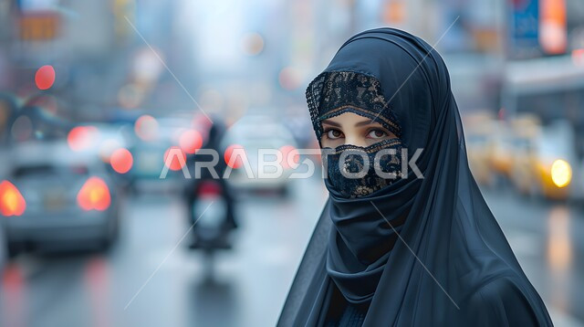 The concept of elegance and attention to external appearance, femininity and softness, highlighting Saudi beauty with hijabs and modern clothes in black, a close-up photo of a Saudi Arabian Gulf woman wearing a hijab and burqa looking at the camera, background of traffic in the streets