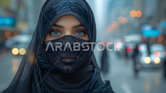 ابراز الجمال السعودي بحجابات وملابس عصريه باللون الاسود، مفهوم الاهتمام بالمظهر الخارجي و الأناقة والأنوثة والنعومة ,صورة مقربة لإمرأة عربية خليجية سعودية ترتدي الحجاب والبرقع تنظر إلى الكاميرا, خلفية الحركة المرورية في الشوارع