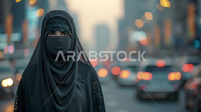 The concept of caring for external appearance, elegance, femininity and softness, highlighting Saudi beauty with hijabs and modern clothes in black, a close-up photo of a Saudi Arabian Gulf woman wearing a hijab and burqa looking at the camera, background of traffic in the streets