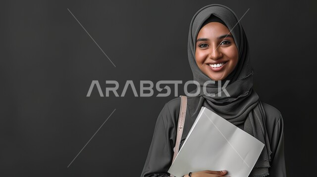 The concept of elegance and attention to external appearance, women’s professions and jobs, a close-up photo of a veiled Saudi Gulf Arab woman holding a document and looking at the camera with expressions of happiness, gestures of joy and activity, black background
