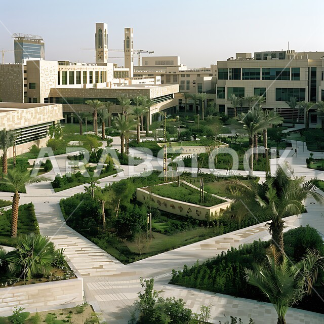 الفن الهندسي المعماري للجامعات في السعودية ,الاهتمام في زراعة النباتات الخضراء و التشجير, مفهوم التعليم العالي في المملكة, صورة من الاعلى للحدائق و المباني على الطراز العربي التقليدي في وقت النهار