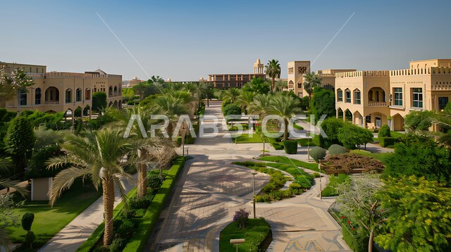 الاهتمام في زراعة النباتات الخضراء و التشجير, مفهوم التعليم العالي في المملكة, الحدائق و المباني على الطراز العربي التقليدي في وقت النهار ,صورة من الاعلى للفن الهندسي المعماري للجامعات في السعودية