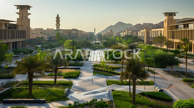 مفهوم التعليم العالي في المملكة, الحدائق و المباني على الطراز العربي التقليدي في وقت النهار ,الاهتمام في التشجير و زراعة النباتات الخضراء, صورة من الاعلى للفن الهندسي المعماري للجامعات في السعودية