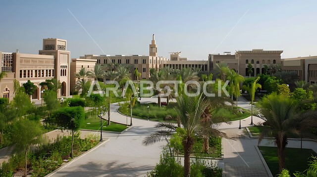 Gardens and buildings in the traditional Arab style during the day, interest in afforestation and planting green plants, a picture from above of the architectural engineering art of universities in Saudi Arabia, the concept of higher education in the Kingdom