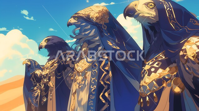 رسوم ثلاثية الابعاد للصقور على طريقة الانمي في المملكة العربية السعودية، تنظيم فعاليات موسم الصيد , الاعتزاز و الفخر بالتراث السعودي العريق في تربية الطيور الجارحة والمفترسة ,صورة مقربة لمجموعة من طائر الصقر بني اللون في إحدى المحميات الطبيعيه