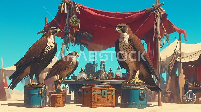 رسوم ثلاثية الابعاد للصقور على طريقة الانمي في المملكة العربية السعودية، الاعتزاز و الفخر بالتراث السعودي العريق في تربية الطيور الجارحة والمفترسة ,تنظيم فعاليات موسم الصيد , صورة مقربة لمجموعة من طائر الصقر بني اللون في إحدى المحميات الطبيعيه