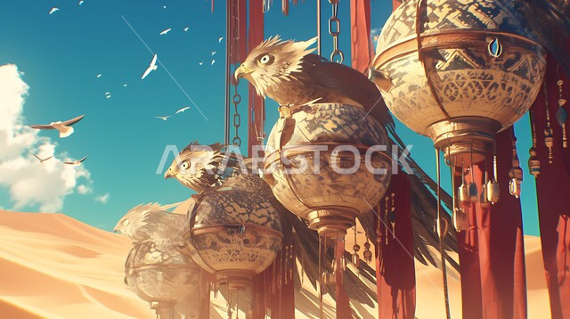 رسوم ثلاثية الابعاد للصقور على طريقة الانمي في المملكة العربية السعودية، تنظيم فعاليات موسم الصيد , الاعتزاز و الفخر بالتراث السعودي العريق في تربية الطيور الجارحة والمفترسة ,صورة مقربة لمجموعة من طائر الصقر بني اللون في إحدى المحميات الطبيعيه