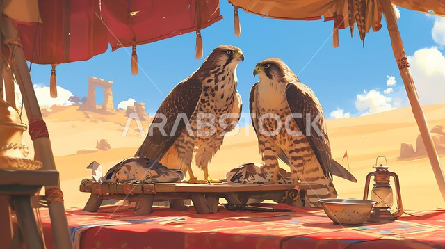 Three-dimensional drawings of falcons in the anime style in the Kingdom of Saudi Arabia, pride in the ancient Saudi heritage in raising birds of prey and predators, organizing hunting season activities, a close-up photo of a group of brown falcons in one of the natural reserves.