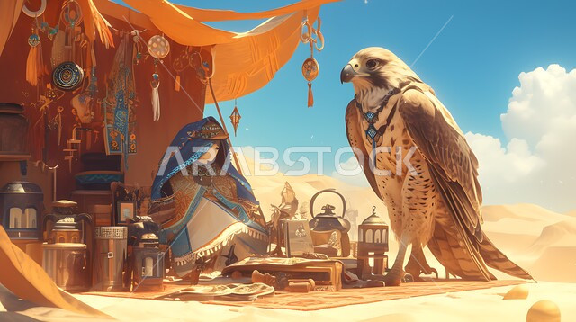 تنظيم فعاليات موسم الصيد ,الاعتزاز و الفخر بالتراث السعودي العريق في تربية الطيور الجارحة والمفترسة ,رسوم ثلاثية الابعاد للصقور على طريقة الانمي في المملكة العربية السعودية، صورة مقربة لطائر الصقر بني اللون في إحدى المحميات الطبيعيه