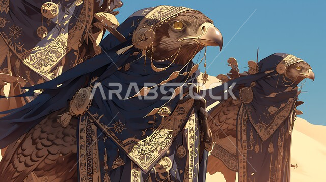 الاعتزاز و الفخر بالتراث السعودي العريق في تربية الطيور الجارحة والمفترسة ,رسوم ثلاثية الابعاد للصقور على طريقة الانمي في المملكة العربية السعودية، تنظيم فعاليات موسم الصيد , صورة مقربة لمجموعة من طائر الصقر بني اللون في إحدى المحميات الطبيعيه