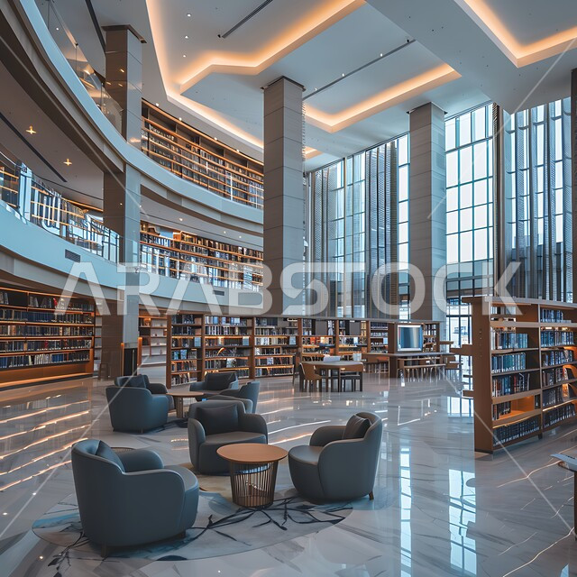Comfortable and elegant high-end furniture, the concept of love for reading and innovations, a picture from above of libraries with modern designs, luxurious interiors for a modern library in the Kingdom of Saudi Arabia, a Saudi future vision 2030