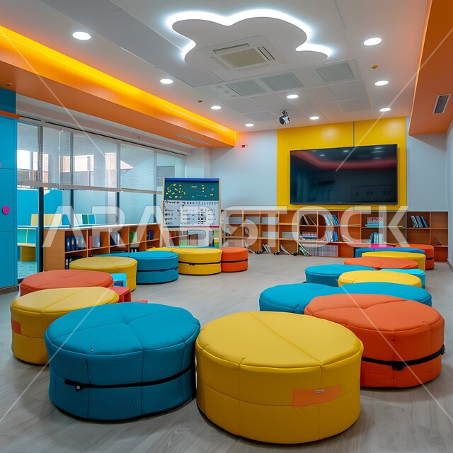 دمج التكنولوجيا و التقنيات الحديثة بالحياة العلمية ,مفهوم التعليم في المملكة العربيه السعودية, مدرسة سعودية مجهزة بتصاميم حديثة, المقاعد و الكراسي الملونة في أحد المدارس