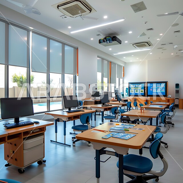 دمج التكنولوجيا و التقنيات الحديثة بالحياة العلمية ,مفهوم التعليم في المملكة العربيه السعودية, مدرسة سعودية مجهزة بتصاميم حديثة, المقاعد و الكراسي الملونة في أحد المدارس