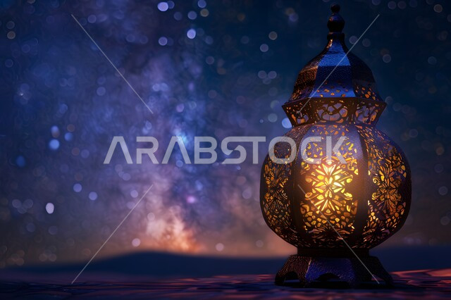 فانوس معدني مزخرف مضيء ,الأعياد الدينية والمناسبات السعيدة, استعداد المسلمين لاستقبال رمضان المبارك, زينة وإضاءة المصابيح , البهجة بقدوم شهر الخير, خلفية السماء مع النجوم المرصعة