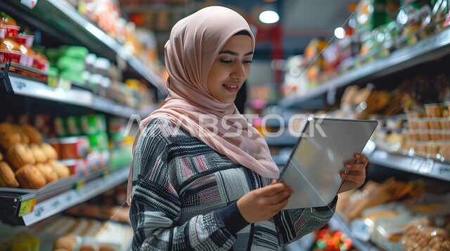 الاستفادة من التقنيات الحديثة خلال التبضع,  الاستعداد للتسوق وشراء المستلزمات من المراكز التجارية السعودية، سيدة عربية خليجية سعودية محجبة تقوم بتصفح التابلت في المول، التخفيضات والعروض على المنتجات، قضاء وقت ممتع في شراء الحاجات