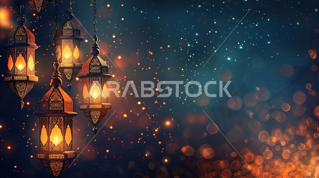 فانوس معدني مزخرف مضيء, الأعياد الدينية والمناسبات السعيدة, استعداد المسلمين لاستقبال رمضان المبارك, زينة وإضاءة المصابيح, البهجة بقدوم شهر الخير, خلفية النجوم اللامعة