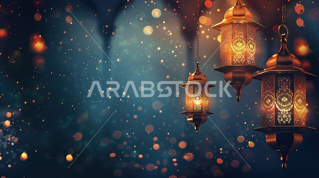 فانوس معدني مزخرف مضيء, الأعياد الدينية والمناسبات السعيدة, استعداد المسلمين لاستقبال رمضان المبارك, زينة وإضاءة المصابيح, البهجة بقدوم شهر الخير, خلفية النجوم اللامعة