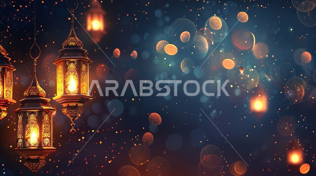 Luminous decorative metal lantern, religious holidays and happy occasions, Muslims’ preparation to welcome the blessed Ramadan, decorations and lighting of lamps, joy at the arrival of the month of goodness, background of bright stars