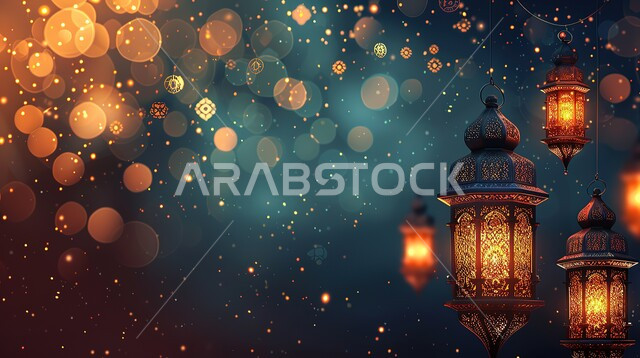 Luminous decorative metal lantern, religious holidays and happy occasions, Muslims’ preparation to welcome the blessed Ramadan, decorations and lighting of lamps, joy at the arrival of the month of goodness, background of bright stars