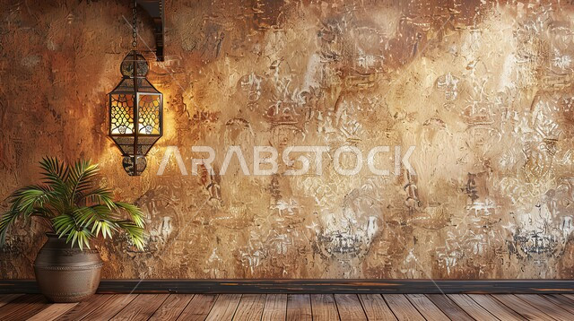 Religious holidays and happy occasions, Muslims’ preparation to welcome the blessed Ramadan, decorations and lighting of lamps, joy at the arrival of the month of goodness, illuminated decorative metal lantern, background of a clay wall