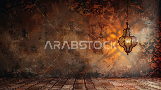 Religious holidays and happy occasions, Muslims’ preparation to welcome the blessed Ramadan, decorations and lighting of lamps, joy at the arrival of the month of goodness, illuminated decorative metal lantern, background of a clay wall
