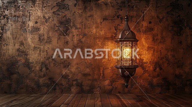 الأعياد الدينية والمناسبات السعيدة, استعداد المسلمين لاستقبال رمضان المبارك, زينة وإضاءة المصابيح, البهجة بقدوم شهر الخير، فانوس معدني مزخرف مضيء, خلفية جدار طيني