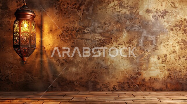 Religious holidays and happy occasions, Muslims’ preparation to welcome the blessed Ramadan, decorations and lighting of lamps, joy at the arrival of the month of goodness, illuminated decorative metal lantern, background of a clay wall