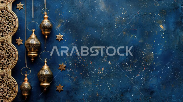  استعداد المسلمين لاستقبال رمضان المبارك, زينة وإضاءة المصابيح, البهجة بقدوم شهر الخير، الأعياد الدينية والمناسبات السعيدة، فوانيس معدنية مزخرفة عربية, خلفية النجوم اللامعة والمضيئة