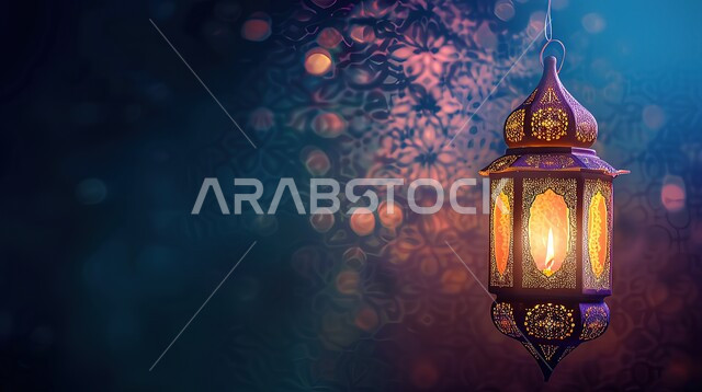  استعداد المسلمين لاستقبال رمضان المبارك, زينة وإضاءة المصابيح, البهجة بقدوم شهر الخير، الأعياد الدينية والمناسبات السعيدة، فوانيس معدنية مزخرفة عربية, خلفية النجوم اللامعة والمضيئة