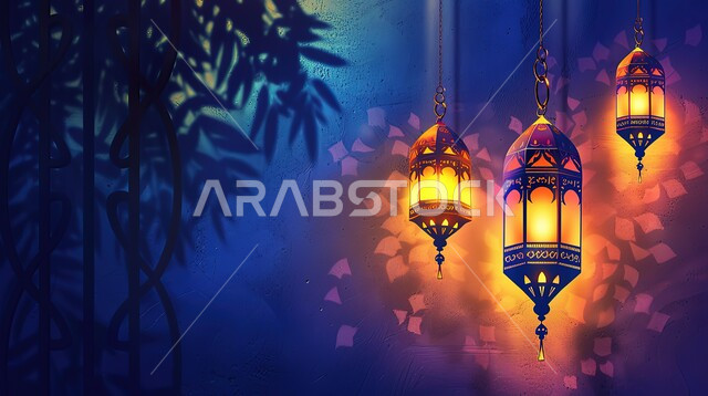  استعداد المسلمين لاستقبال رمضان المبارك, زينة وإضاءة المصابيح, البهجة بقدوم شهر الخير، الأعياد الدينية والمناسبات السعيدة، فوانيس معدنية مزخرفة عربية, خلفية النجوم اللامعة والمضيئة