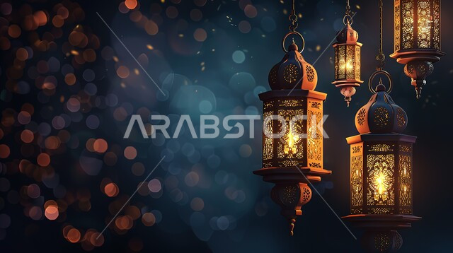  استعداد المسلمين لاستقبال رمضان المبارك, زينة وإضاءة المصابيح, البهجة بقدوم شهر الخير، الأعياد الدينية والمناسبات السعيدة، فوانيس معدنية مزخرفة عربية, خلفية النجوم اللامعة والمضيئة