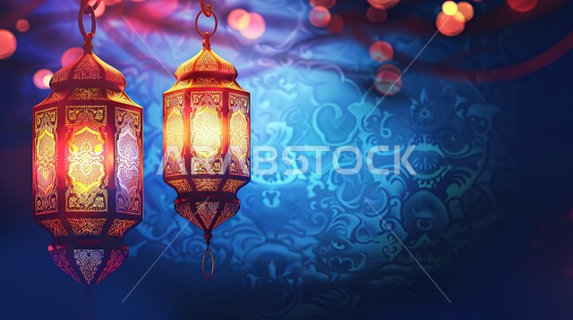  استعداد المسلمين لاستقبال رمضان المبارك, زينة وإضاءة المصابيح, البهجة بقدوم شهر الخير، الأعياد الدينية والمناسبات السعيدة، فوانيس معدنية مزخرفة عربية, خلفية النجوم اللامعة والمضيئة
