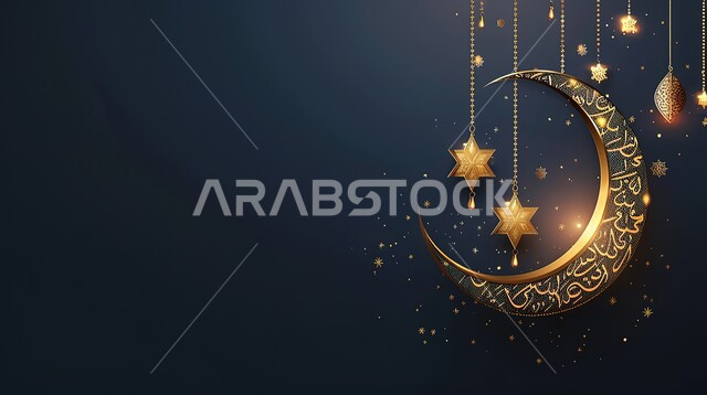 الأعياد الدينية والمناسبات السعيدة، فوانيس معدنية مزخرفة عربية، هلال شهر رمضان المبارك، استعداد المسلمين لاستقبال رمضان المبارك, زينة وإضاءة المصابيح, البهجة بقدوم شهر الخير، خلفية سوداء 