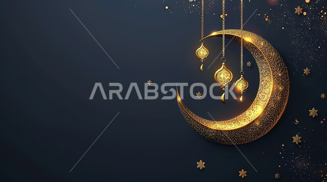 الأعياد الدينية والمناسبات السعيدة، فوانيس معدنية مزخرفة عربية، هلال شهر رمضان المبارك، استعداد المسلمين لاستقبال رمضان المبارك, زينة وإضاءة المصابيح, البهجة بقدوم شهر الخير، خلفية سوداء 