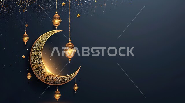 الأعياد الدينية والمناسبات السعيدة، فوانيس معدنية مزخرفة عربية، هلال شهر رمضان المبارك، استعداد المسلمين لاستقبال رمضان المبارك, زينة وإضاءة المصابيح, البهجة بقدوم شهر الخير، خلفية سوداء 