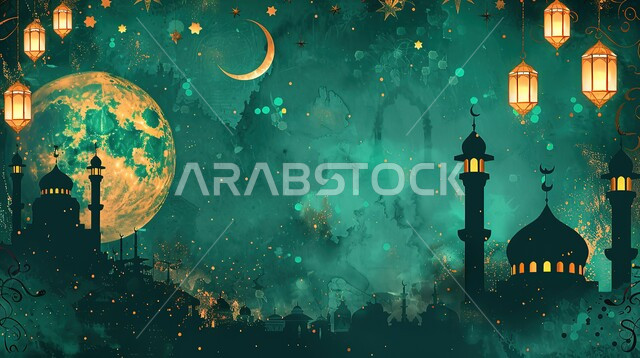 هلال شهر رمضان المبارك، استعداد المسلمين لاستقبال رمضان المبارك, زينة وإضاءة المصابيح, البهجة بقدوم شهر الخير، الأعياد الدينية والمناسبات السعيدة، فوانيس معدنية مزخرفة عربية, خلفية مسجد