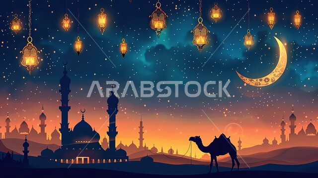 فوانيس معدنية مزخرفة عربية، هلال شهر رمضان المبارك، استعداد المسلمين لاستقبال رمضان المبارك, ، جمل يقف وسط الرمال الذهبية، الأعياد الدينية والمناسبات السعيدة، زينة وإضاءة المصابيح, البهجة بقدوم شهر الخير، خلفية المسجد