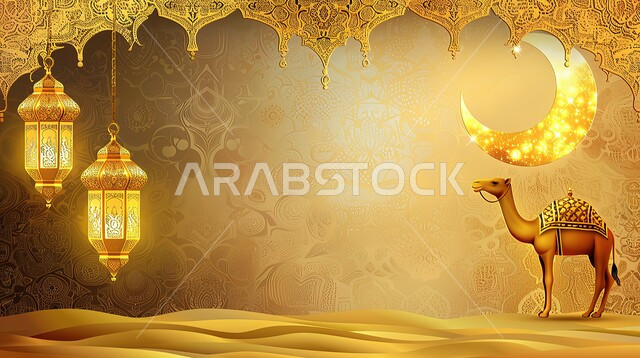 جمل يقف وسط الرمال الذهبية، الأعياد الدينية والمناسبات السعيدة، فوانيس معدنية مزخرفة عربية، هلال شهر رمضان المبارك، استعداد المسلمين لاستقبال رمضان المبارك, زينة وإضاءة المصابيح, البهجة بقدوم شهر الخير