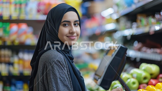 النظر إلى الكاميرا بإيماءات السعادة، انخراط النساء في العمل بجميع المجالات في المملكة العربية السعودية, شابة عربية خيجية سعودية محجبة تعمل في متجر بقالة, موظفة مبيعات واستقبال، العمل في مجال المحاسبة بالمتاجر, دور المرأة في تطوير المجتمع السعودي والنهوض به