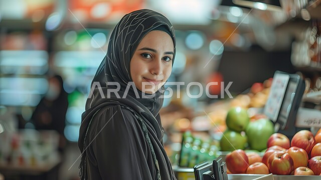انخراط النساء في العمل بجميع المجالات في المملكة العربية السعودية, شابة عربية خيجية سعودية محجبة تعمل في متجر بقالة, النظر إلى الكاميرا بإيماءات السعادة، موظفة مبيعات واستقبال، العمل في مجال المحاسبة بالمتاجر, دور المرأة في تطوير المجتمع السعودي والنهوض به