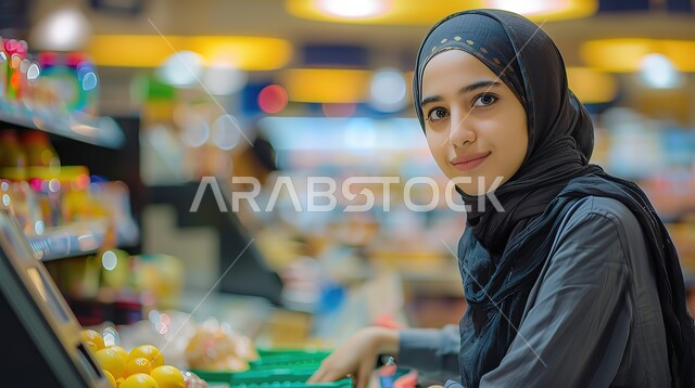 موظفة مبيعات واستقبال، انخراط النساء في العمل بجميع المجالات في المملكة العربية السعودية, شابة عربية خيجية سعودية محجبة تعمل في متجر بقالة, النظر إلى الكاميرا بإيماءات السعادة، العمل في مجال المحاسبة بالمتاجر, دور المرأة في تطوير المجتمع السعودي والنهوض به