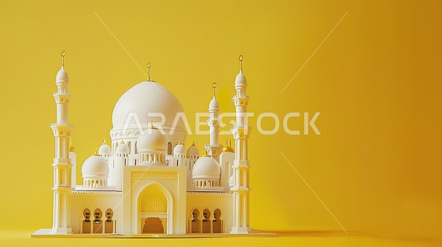 العبادة والتقرب الى الله في شهر رمضان المبارك، مجسم ثلاثي الابعاد لمسجد على الطراز الاسلامي، تصاميم اسلامية دينية، زينة وديكورات الاعياد والمناسبات الدينية، أجواء رمضانية روحانية، خلفية صفراء